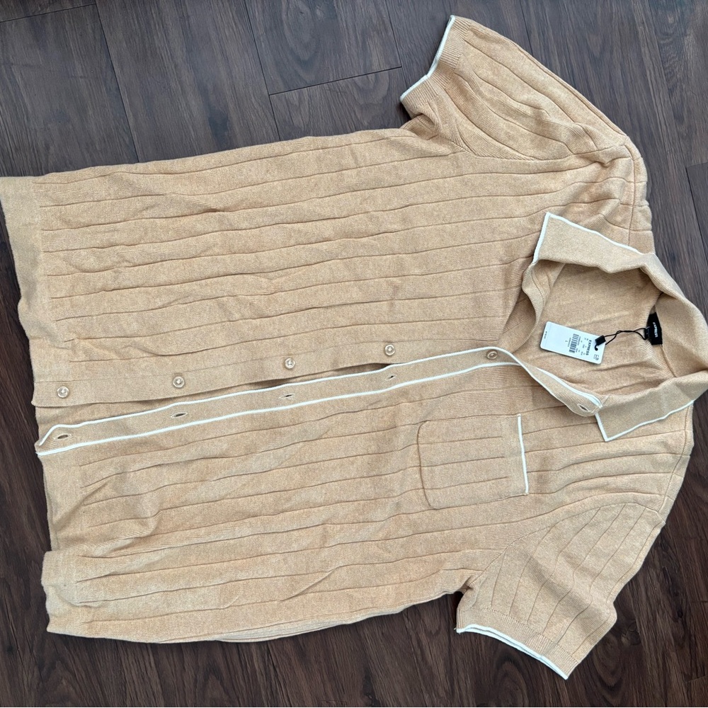 Tan Short Sleeve Button-Up Sweater
